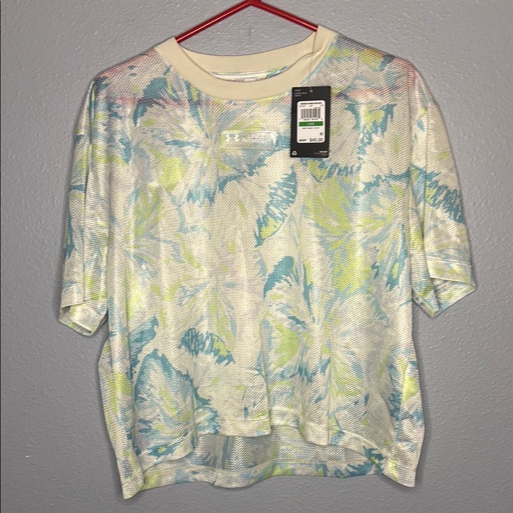 NWT New Under Armour Mesh Graphic Tie Dye Print Cropped Tee Shirt Size Large